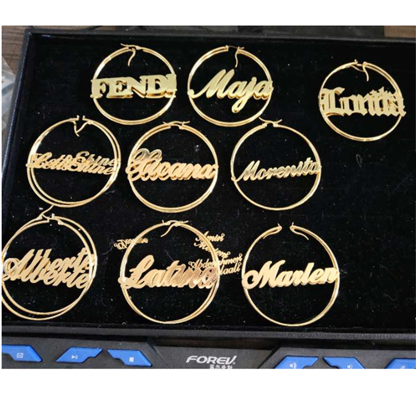 1Pairs Custom Name Mix Match Hoop Earrings Fashion Stainless Steel 70MM Diameter Boho Personalised Name Earrings Modern Brincos V191128