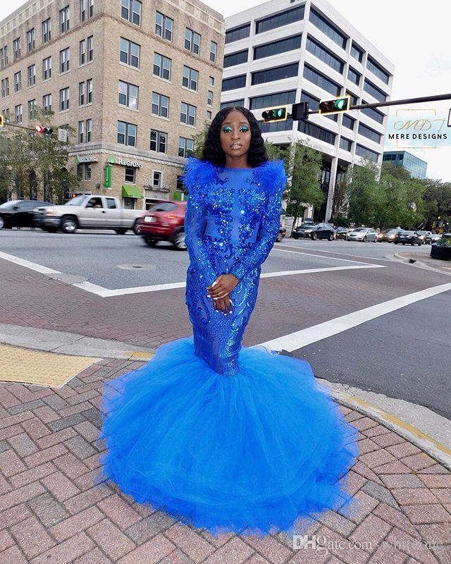 2019 South African Mermaid Prom Dresses Royal Blue Feather Sequined Plus Size Evening Dress Long Sleeve Illusion Formal Party Gowns