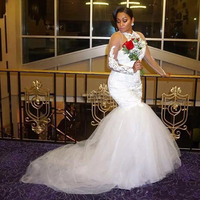 2020 Mermaid Wedding Dresses Plus Size African High Neck Illusion Lace Applique Beads Long Sleeves Tulle Court Train Formal Bridal Gowns