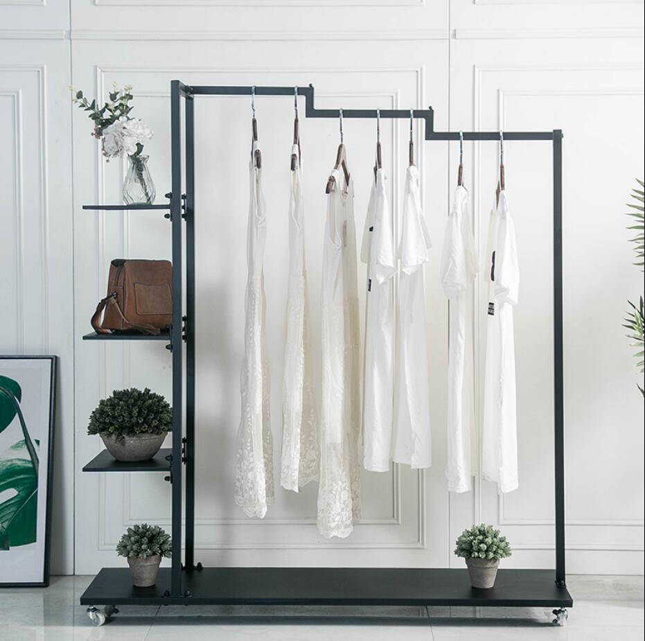 Wrought iron clothes rack Bedroom Furniture simple cloth hanger floor received push-pull mobile buy clothing pole type shelf