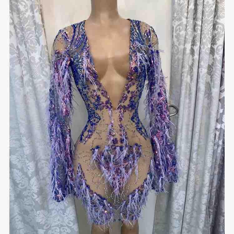sexy silver sheath cocktail dresses with feathers sheer logn sleeves plus size evening special occasion wears prom club gowns