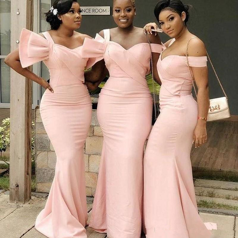 Elegant Off-Shoulder Nigerian Pink Bridesmaid Floor Length Long Satin Evening Custom Made Maid Of Honor Dresses A68 0510