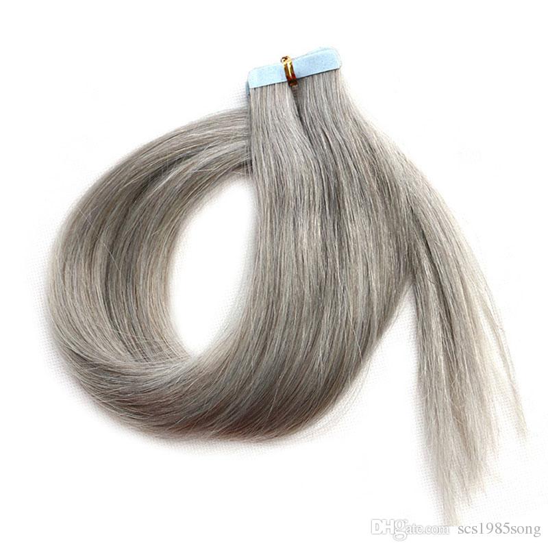 pu gray brazialian tape in hair human hair extension silky straight 100 remy skin weft hair 60 platinum blonde party style free