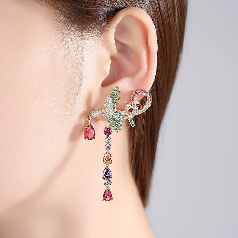 Bling Colorful Zircon Drop Earrings Chinese Phoenix Fine Jewelry Wedding Dangle Earrings for Women Gril Gift