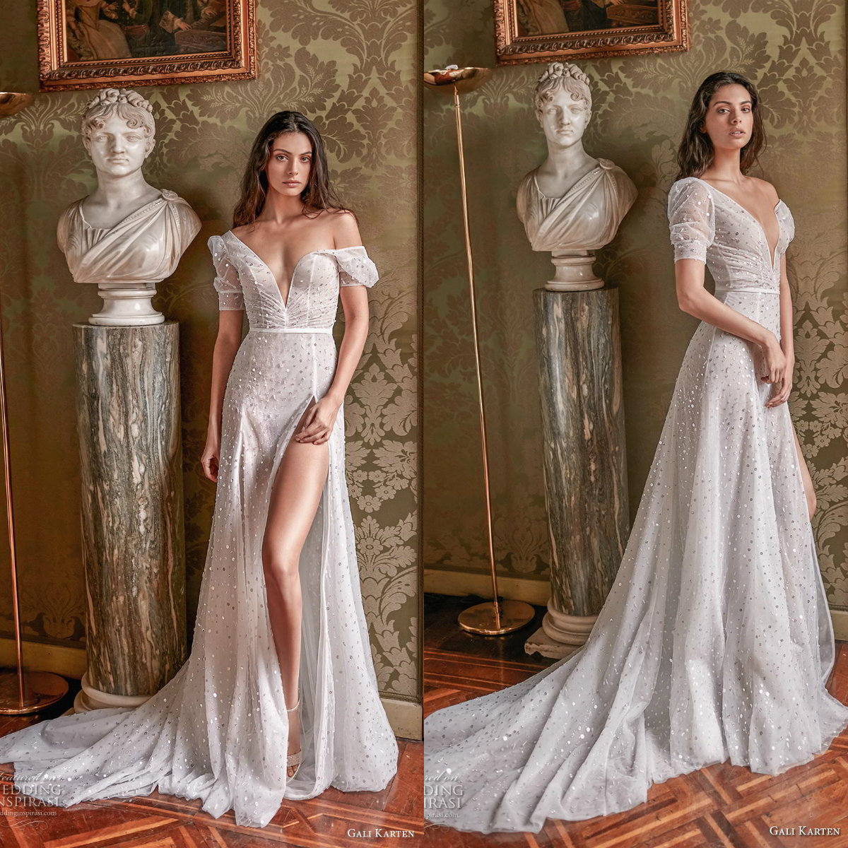 2020 Gali Karten Beach Wedding Dresses Lace Sequins Split A-line V Neck Boho Bridal Gowns Sweep Train Short Sleeves Bohemian Wedding Dress