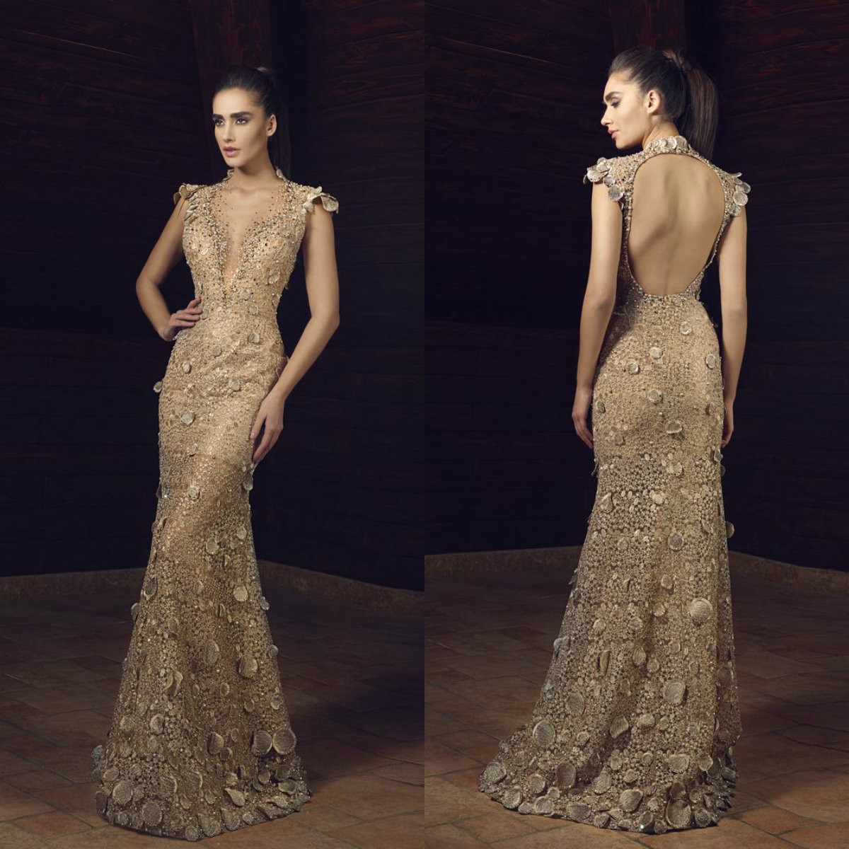 Luxury Gold Mermaid Prom Dresses Tony Chaaya 2019 Lace Floral Appliques Evening Dress Floor Length Sexy Backless Formal Party Gowns