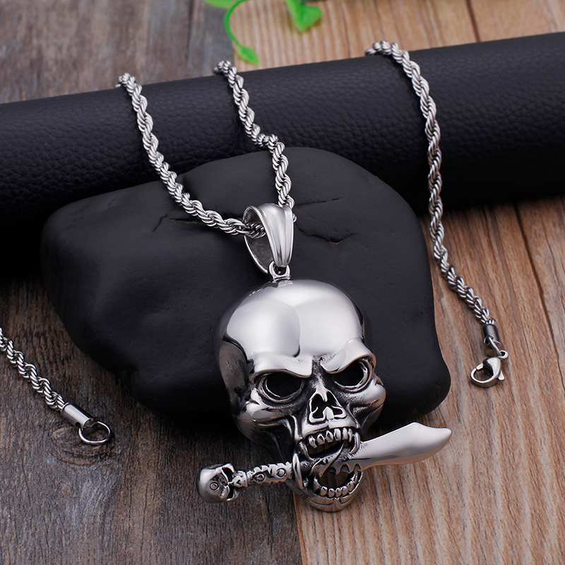 Skeleton Skull Knife Pendants Necklace Cool Men Punk Hip Hop 316L Stainless Steel New Fashion Casting Jewelry
