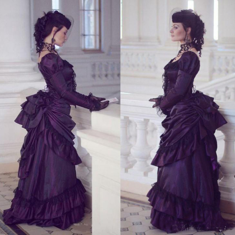 Victorian Gothic Purple Wedding Dresses Retro Royal House Ball Duchess Wedding Gowns Long Sleeves Lace Ruched Renaissance Aristocracy Dress