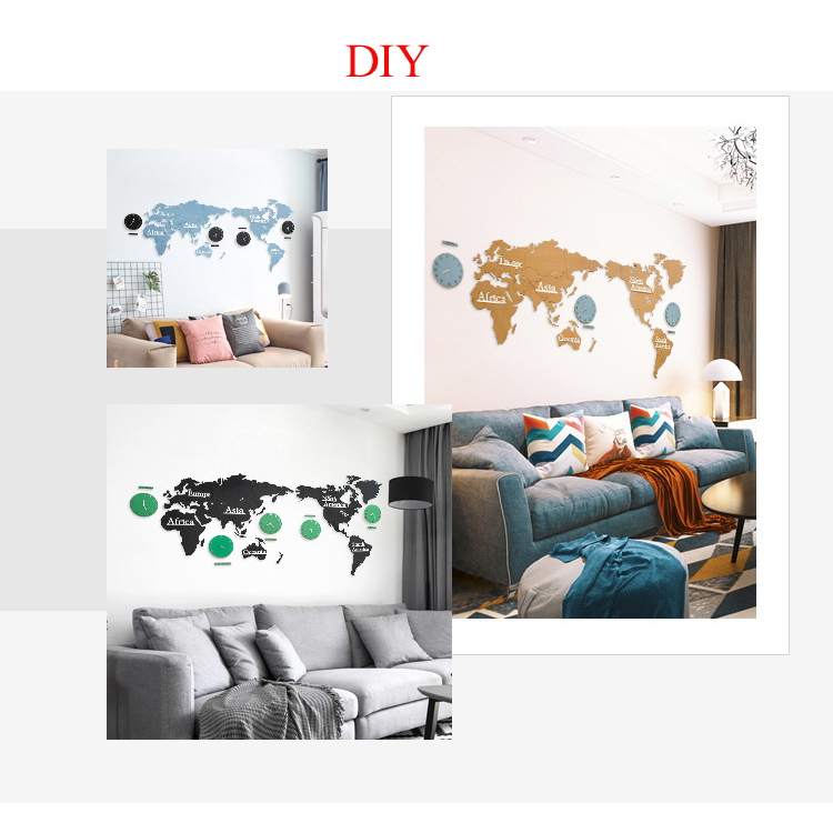 Creative Wooden World Map Wall Clock 3D Map Decorative Design Home Decor Living Room Modern European Style Round Mute Relogio De P6648927