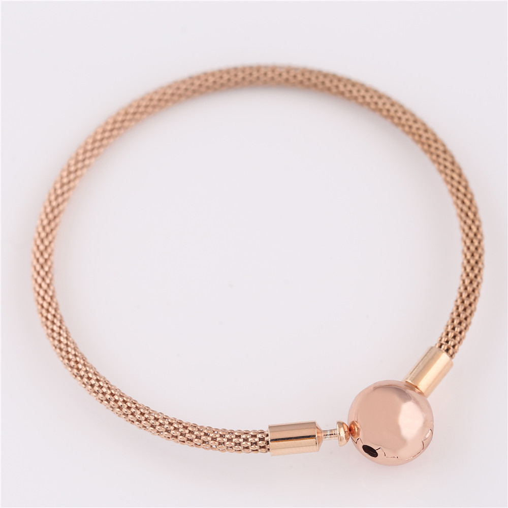 Original 925 Sterling Silver Bangle Rose Gold Snake Chain Basic Ball Clasp Mesh Bracelet Fit Women Bead Charm Fashion Jewelry CX200623