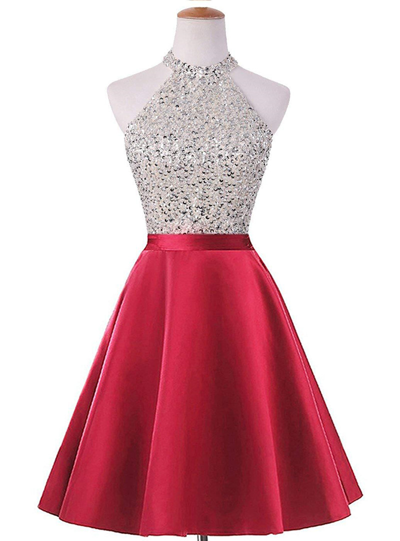 Beaded Homecoming Dress with Halter Neck 2020 Short Prom Dresses Backless Party Gowns Navy Blue Royal Blue Red