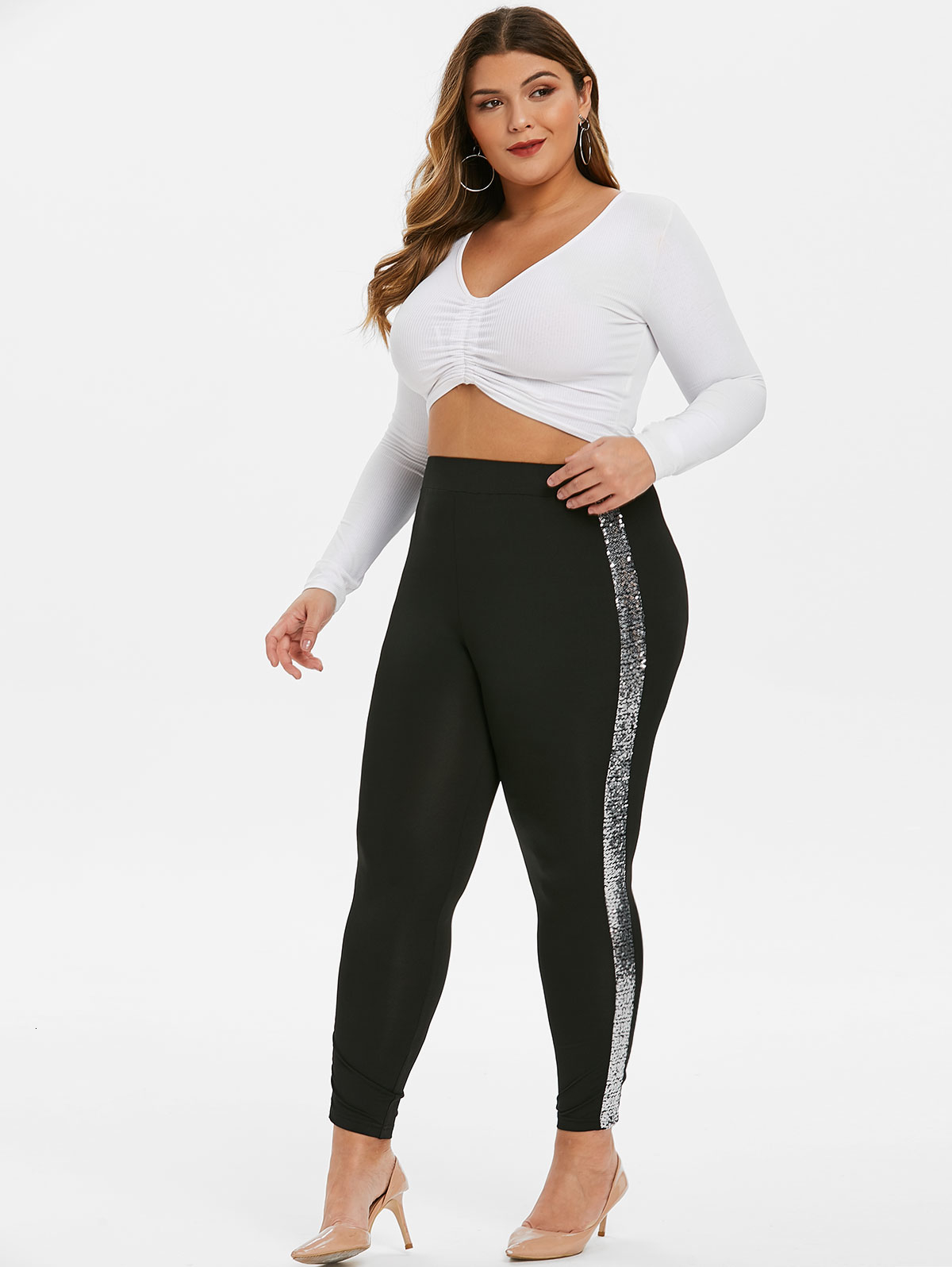 ROSEGAL Large Size Skinny Sequins Ninth Leggings High Waist Pant Women Sexy Leggings Casual Brilliant Long Pants 5XL Trousers CJ191206