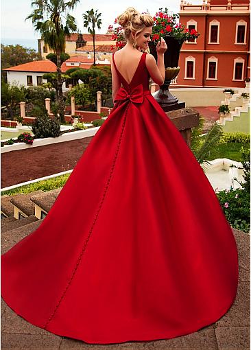 Chic Satin Bateau Neckline A-line Red Wedding Dress With Belt Bowknot Court Train Bridal Gowns Vestidos de novia
