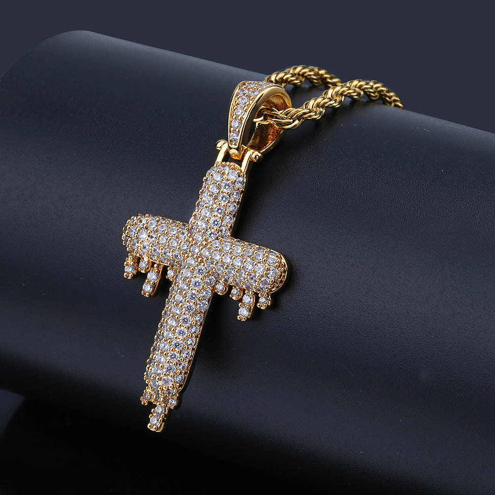 Hip Hop Water Drop Cross Pendants Necklace Full Diamond Stone 18k Gold Plated Men Women Religious jewelry