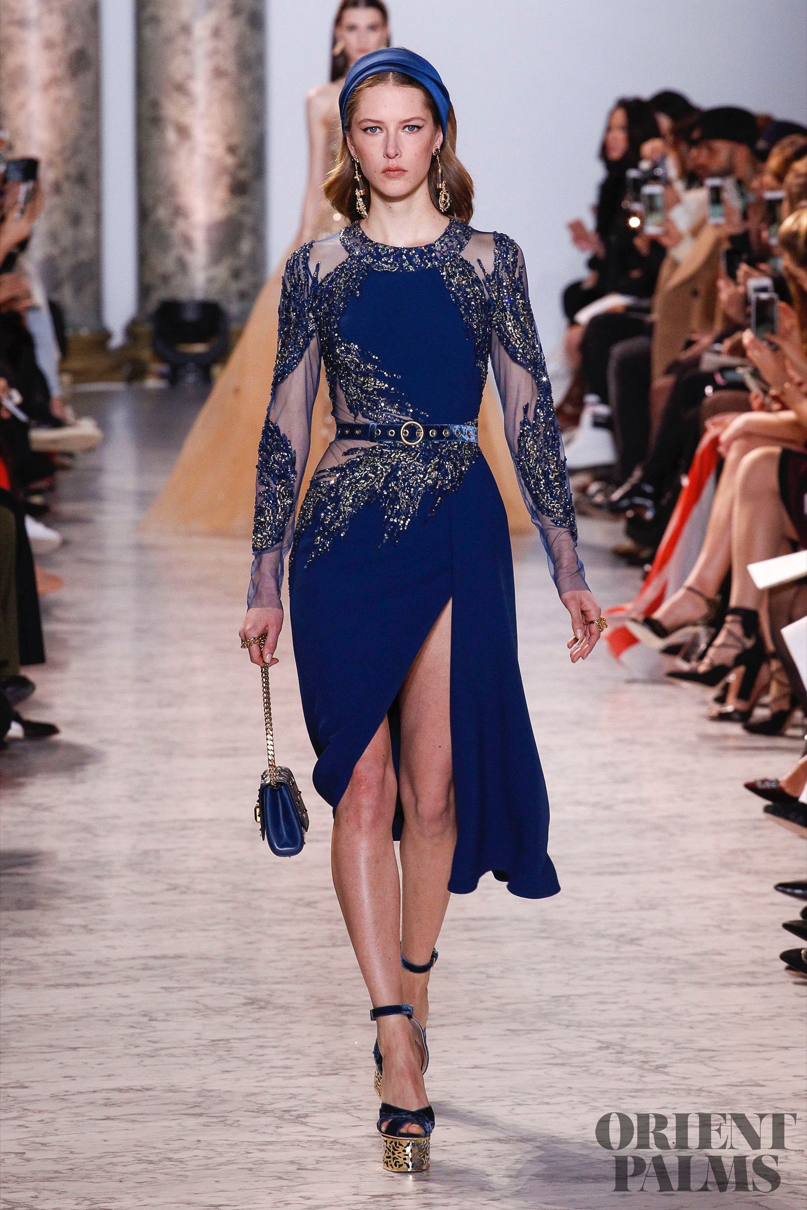 Zuhair Murad Evening Dresses Jewel Neck Beaded Sequins Side Split Long Sleeve Prom Dress Satin Elegant Formal Occasion Gowns
