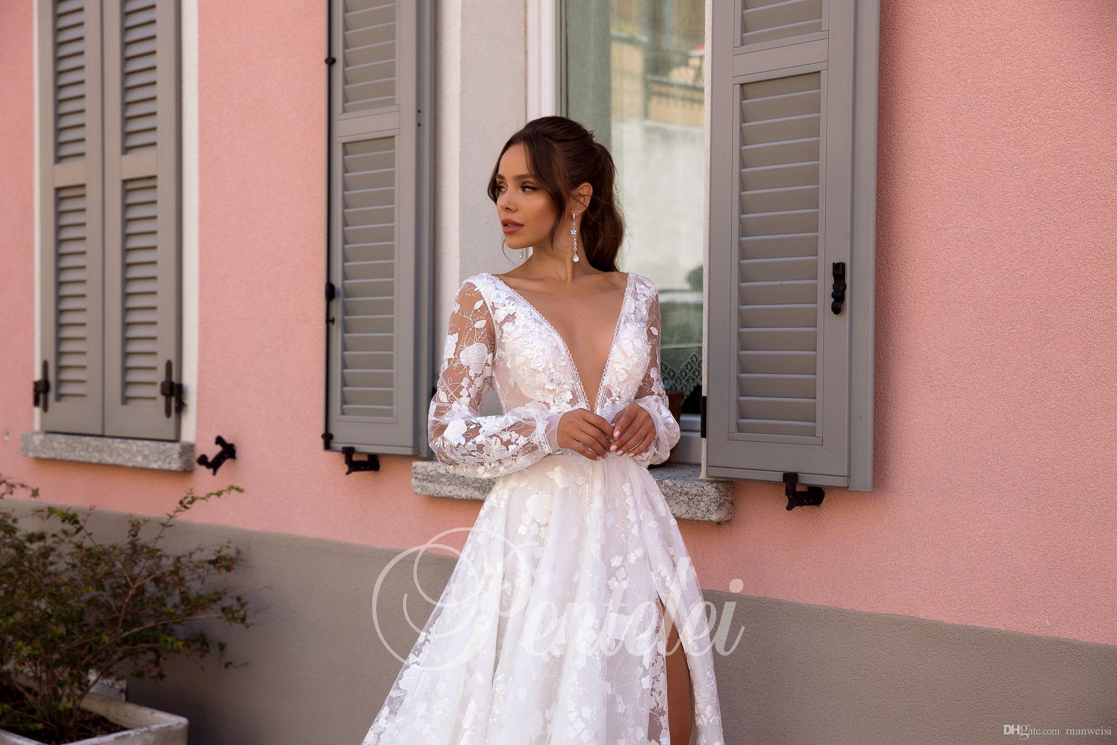 Sparkly Pentelei 2020 Long Sleeve Wedding Dresse High Side Split Bridal Gowns V Neck Lace Appliqued Country Garden Robes De Mariée