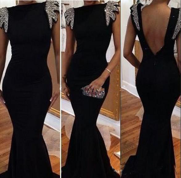 Custom Made Fancy Lady Formal Dress Black Spandex Mermaid Party Gown Bateau Sweep Train Sequin Beaded Backless Prom Evening Dresses