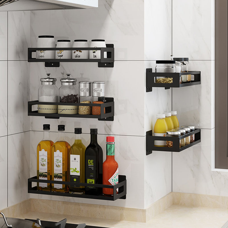 kitchen rack Stainless steel spice rack free punching wall-mounted oil salt sauce vinegar storage bathroom wall shelf