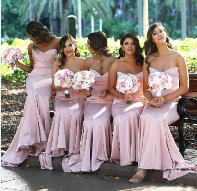 2020 Blush Pink Sweetheart Satin Mermaid Long Bridesmaid Dresses Ruched Floor Length Wedding Guest Long Maid Of Honor Dresses