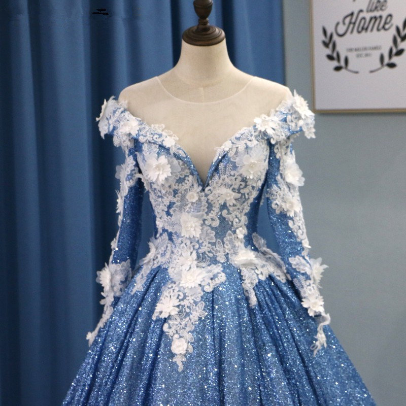 Luxury Lace Beaded High Neck Ball Gown Prom Dresses Spark Glitter Saudi Arabic Light Blue Women Evening Gowns Robe De Soiree