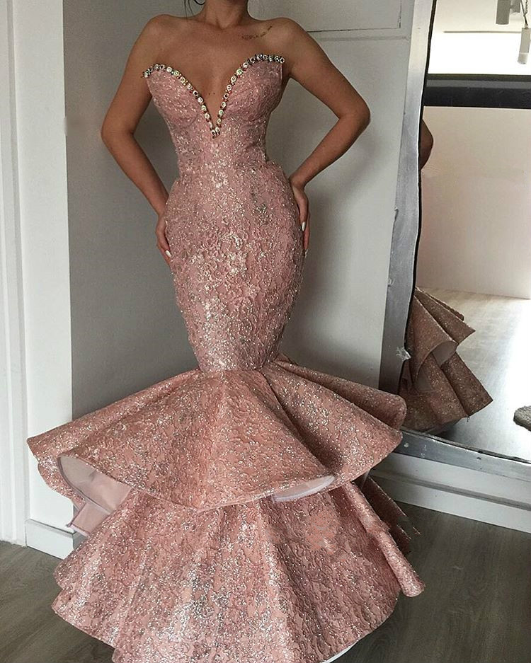 Gorgeous Mermaid Evening Dresses Sweetheart Lace Sequins Beaded Crystal Tiered Skirts Luxury Prom Dress Organza Formal Party Gowns