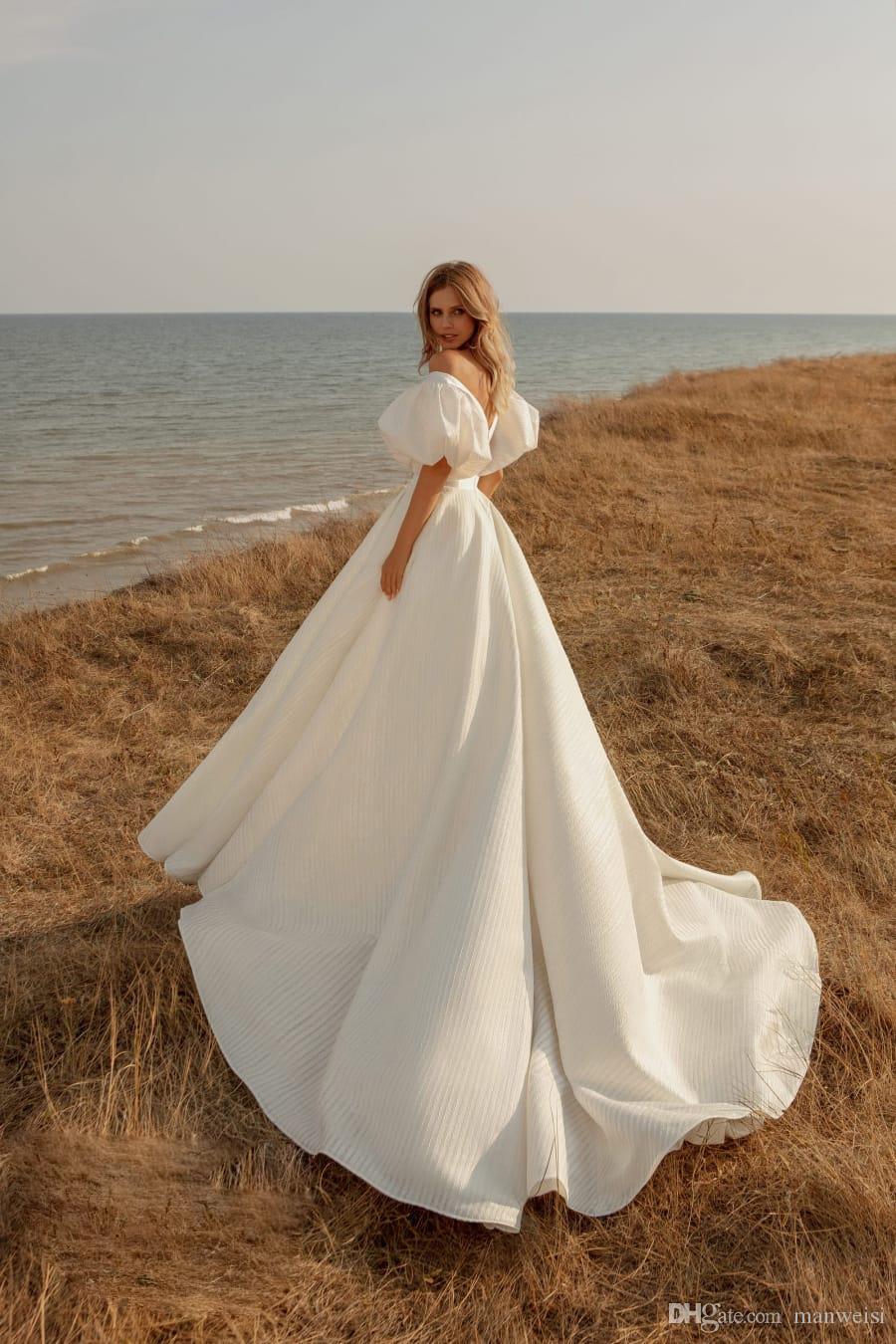modest satin wedding dresses v neck short sleeve a line bridal gown boho country wedding dress robes de marie