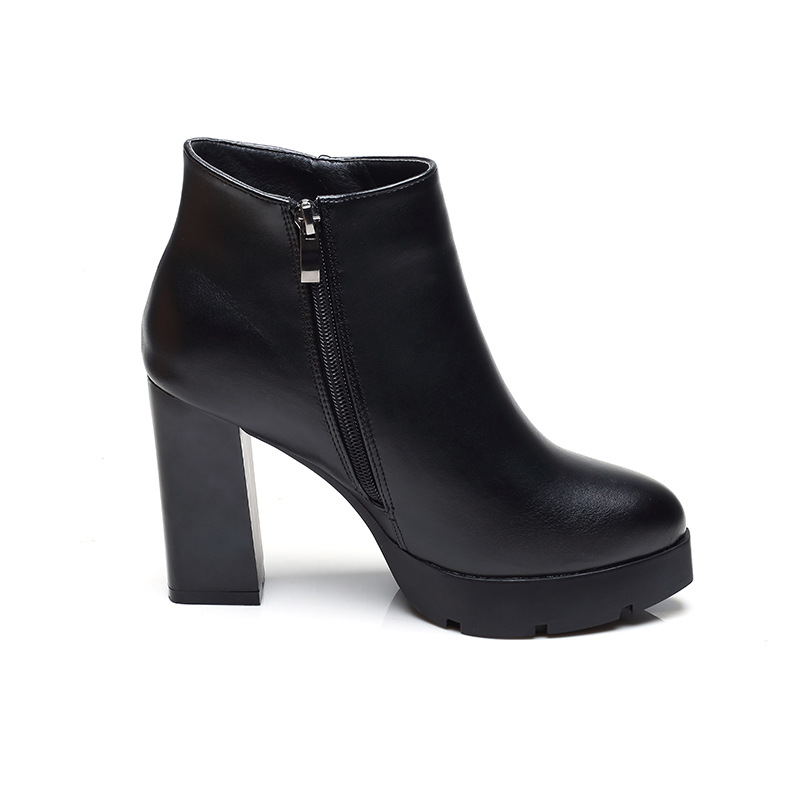Hot Sale-Autumn Winter Women Ankle Boots High Heels Chunky Heels Platform PU Leather Short Booties Black Ladies Shoes Good Quality