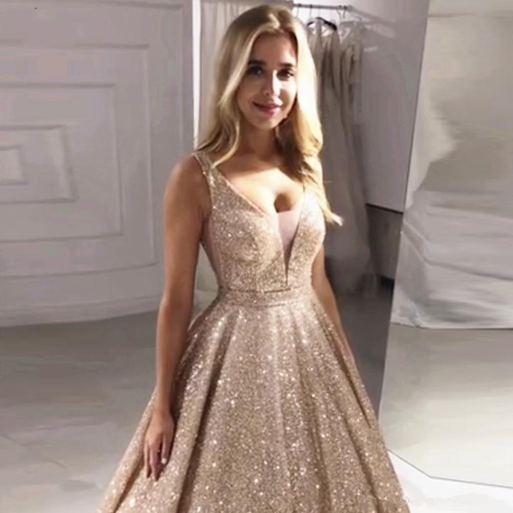 Sparkly Gold Rose Prom Dresses V Neck Sequined Glitters Backless Evening Gowns Shiny Party Dress Special Occasion robes de soirée
