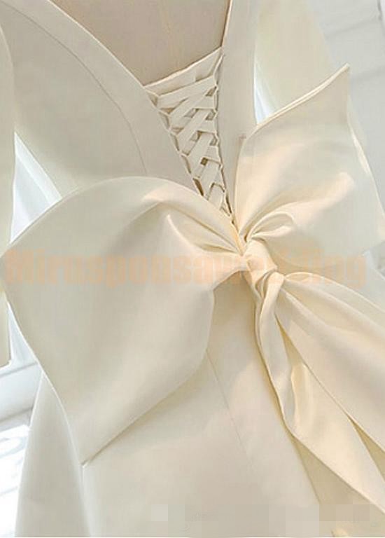 2020 Simple Satin Wedding Dresses 3/4 Long Sleeves Bow Lace Up Back Cathedral Train Wedding Gown Custom Made Vestido de novia