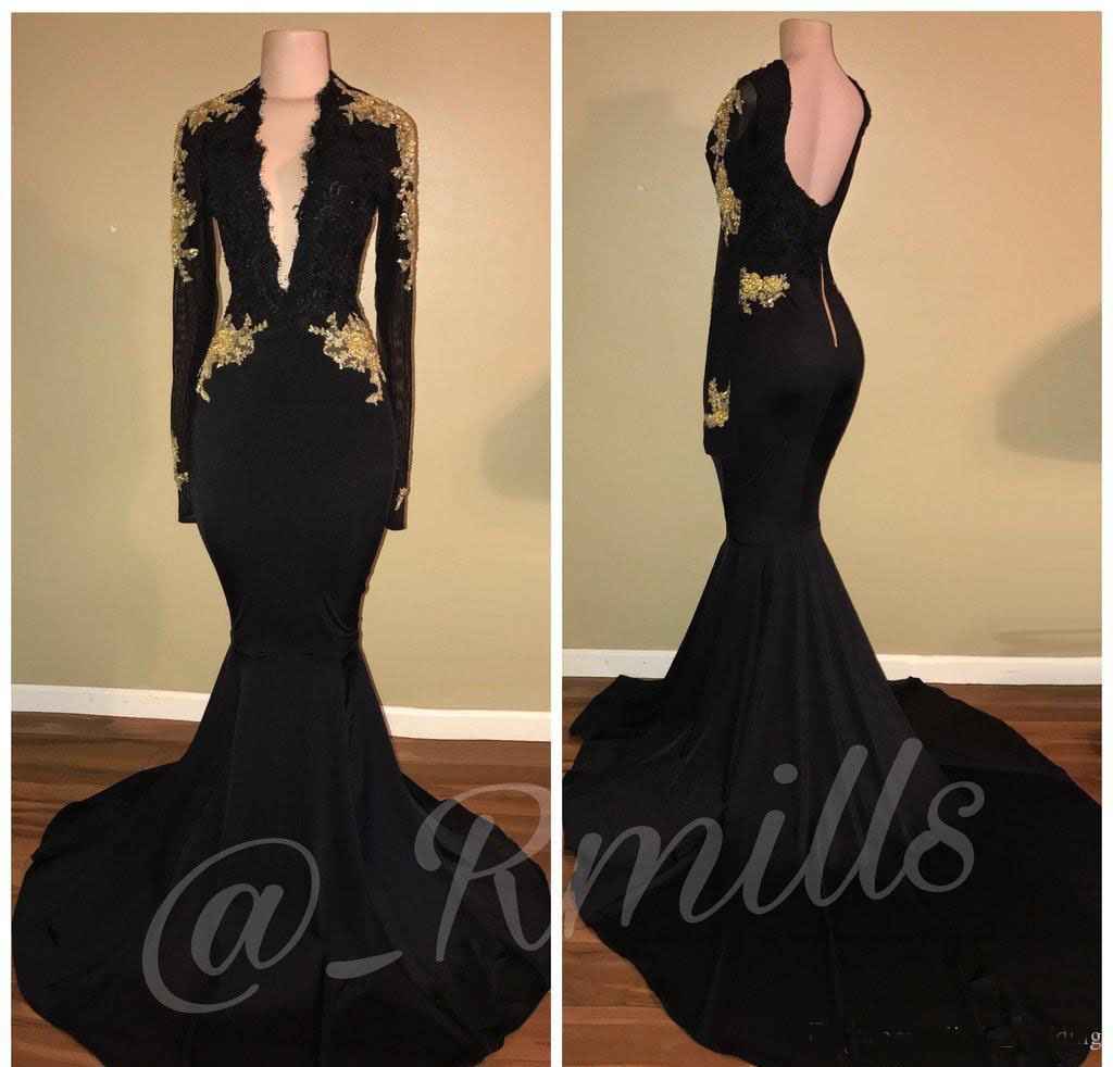 Black Long Sleeves Prom Dress Mermaid Gold Appliques Formal Wear Graduation Evening Party Gown Custom Made Plus Size