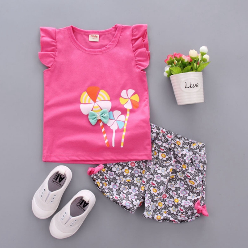Baby Girls Outfits Lollipop Printed Kids Tops Floral Shorts 2pcs Sets Sweet Girls Clothes Set Fashion Kids Clothing 7 Colors DHW2448