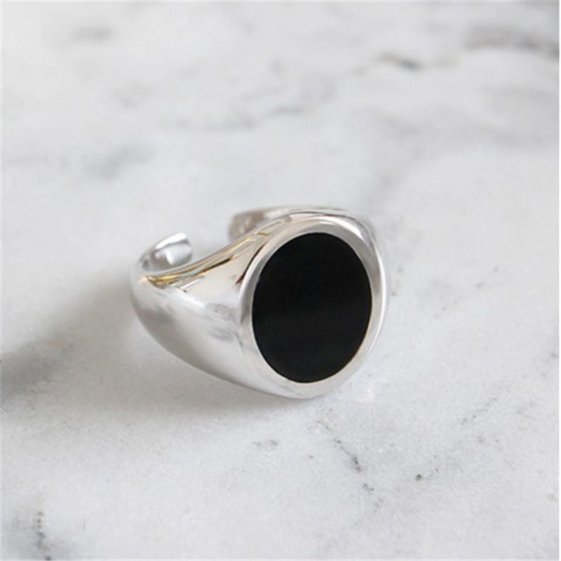 925 Sterling Silver Round Black Enamel Open Size Rings Fine Jewelry Women Adjustable Statement Ring Valentine's Day Gifts