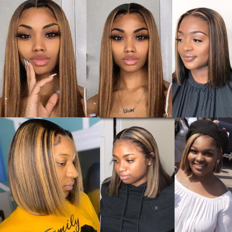 Highlights Straight Bob 4/27 T Lace Closure human hair wigs Brazilian 13x1 Omber Natural Black Color human hair lace front wigs Pre-Plucked