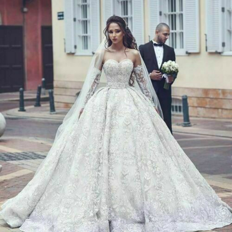 new luxury ball gown wedding dresses lace beading sweetheart bridal gowns long sleeve sequins sweep train wedding vestidos de novia