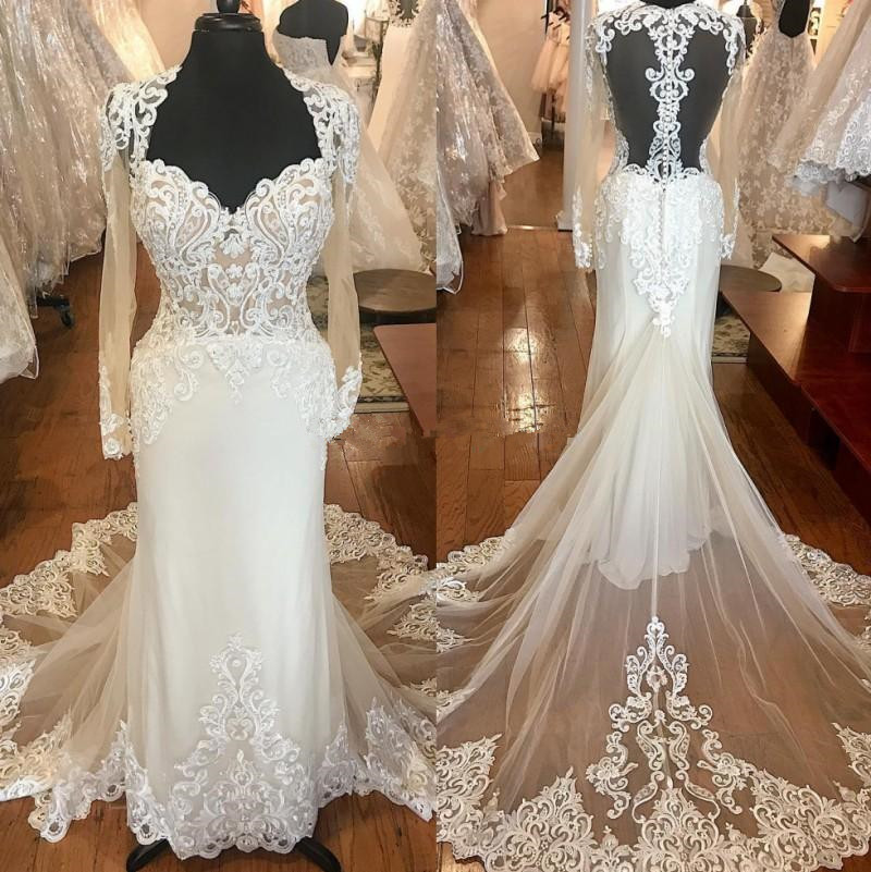 Graceful Lace Mermaid Wedding Dresses Sweetheart Neck Long Sleeves Backless Bridal Gowns Plus Size Appliqued Wedding Dress Cheap