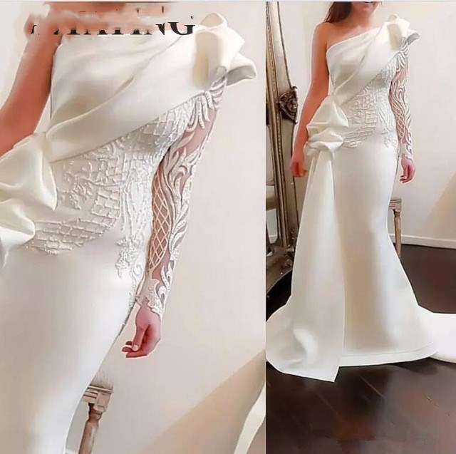 Elegant One Shoulder Mermaid Long Evening Dress White Long Sleeves Arabic Prom Dresses Satin Ruffles Applique Formal Gowns, Coral
Elegant One Shoulder Mermaid Long Evening Dress White Long Sleeves Arabic Prom Dresses Satin Ruffles Applique Formal Gowns, Coral