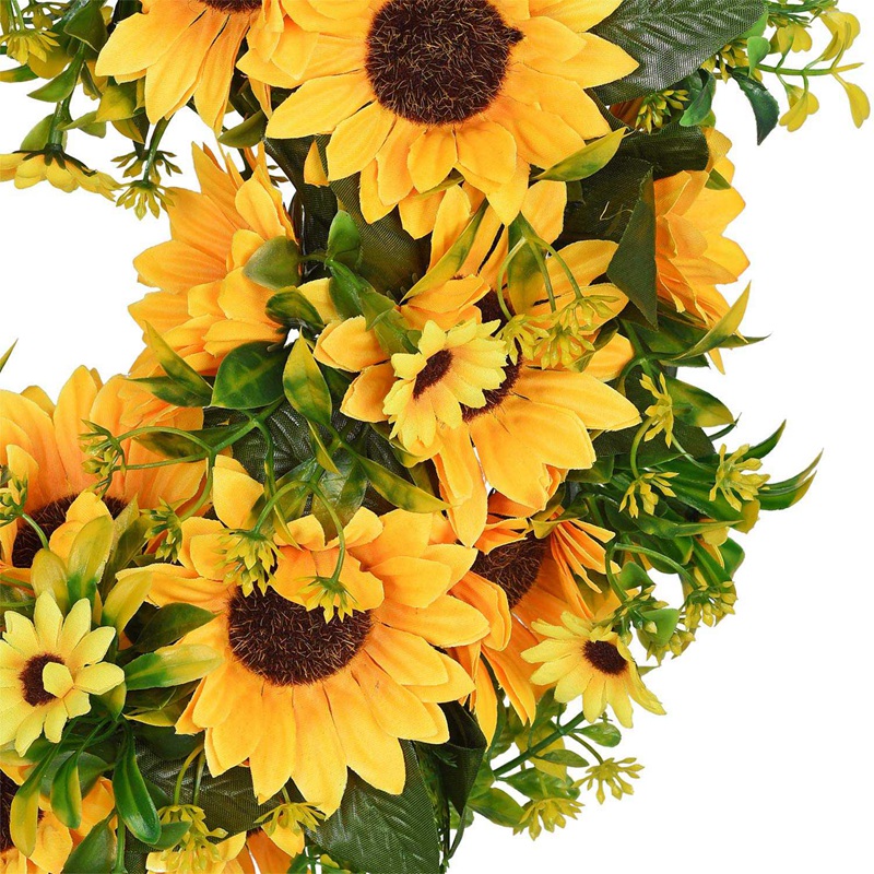Artificial Sunflower Summer Wreath-16 Inch Decorative Fake Flower Wreath With Yellow Sunflower And Green Leaves For Front Door I