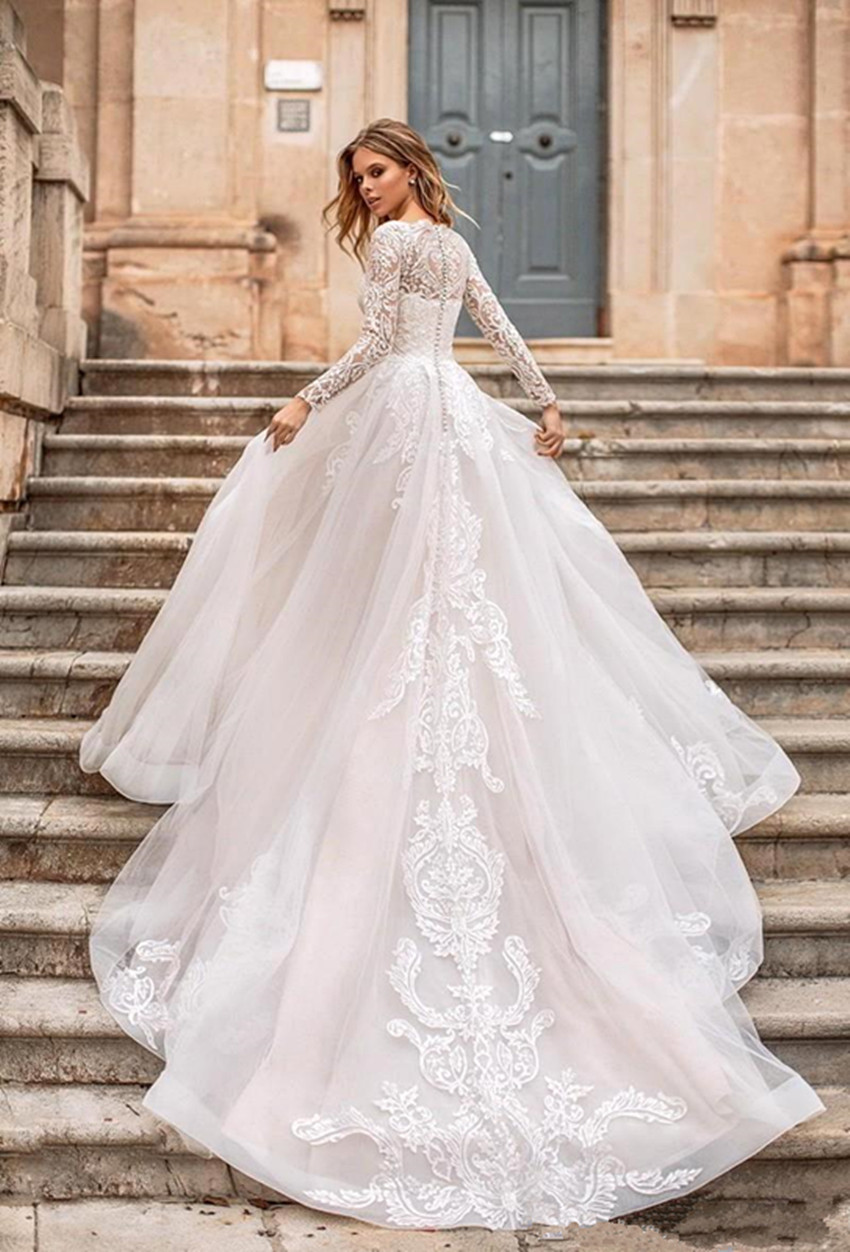 New Lace A Line Wedding Dresses Long Sleeve High Collar Lace Applique Tulle Illusion Sweep Train Beach Garden Bridal Gowns Plus Size