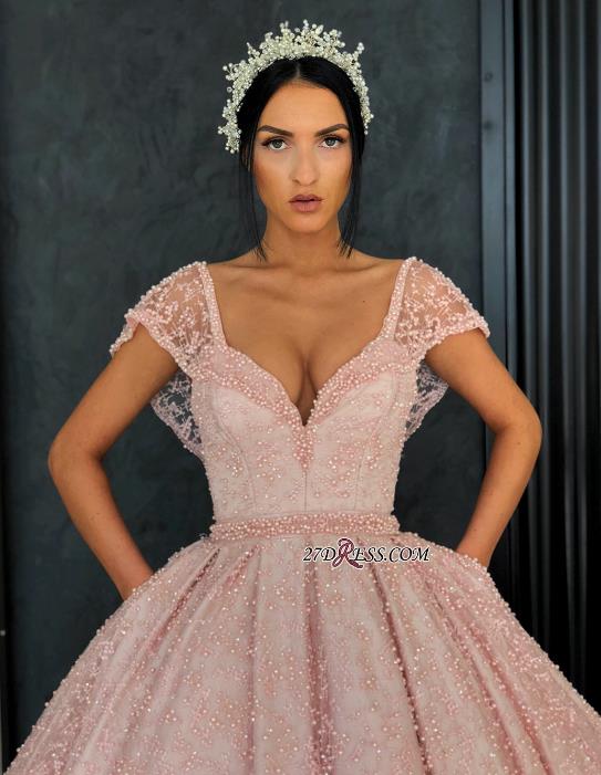 Luxury Pink Ball Gown Prom Dresses V Neck Cap Sleeves Formal Evening Dress With Beaded Lace African Dubai Arab Party Quinceanera Gowns
