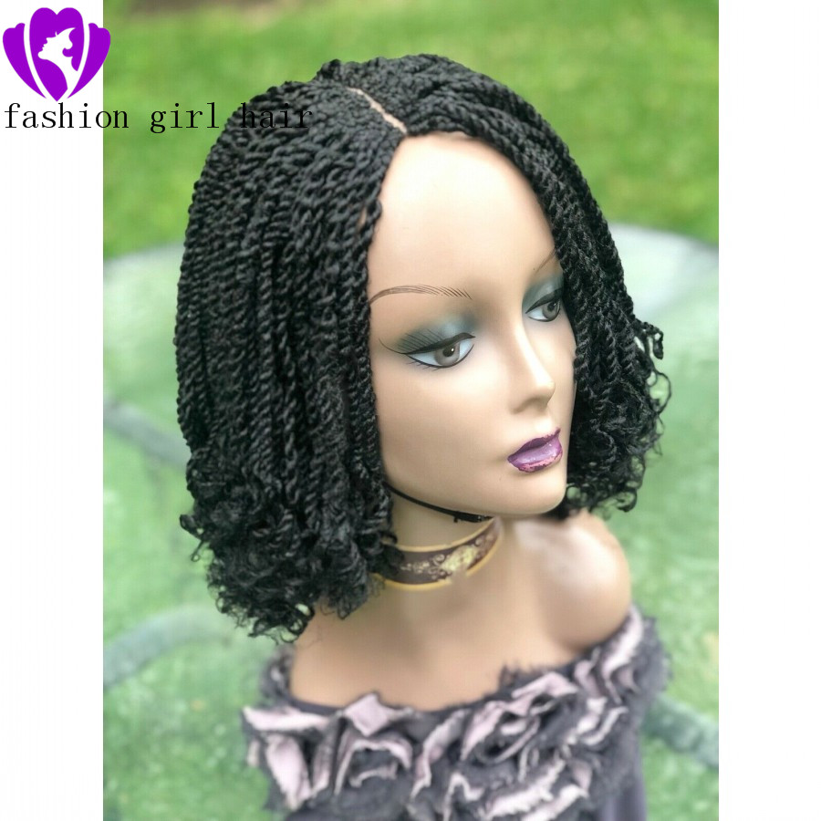 Middle part full density 14inche Short Bob Synthetic Lace Front braids Wigs for africa women Crochet braided kinkyTwist Wig with curly tips