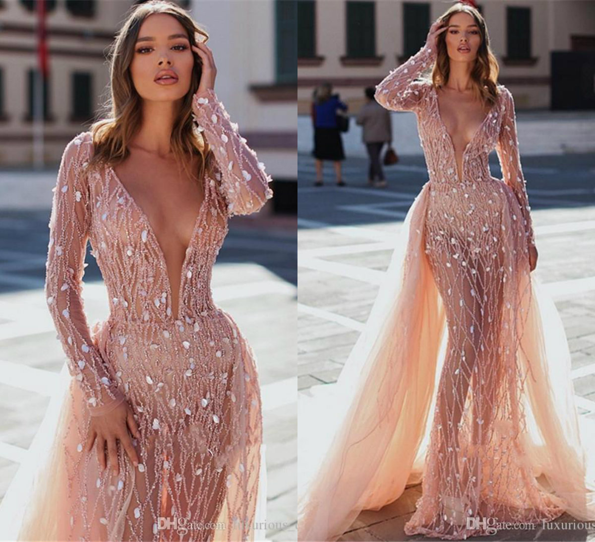 2019 Arabic Evening Dresses With Detachable Skirt Deep V Neck Lace Appliqued Beads Mermaid Prom Dress Sequins Sweep Train Formal Party Gowns, Chocolate
2019 Arabic Evening Dresses With Detachable Skirt Deep V Neck Lace Appliqued Beads Mermaid Prom Dress Sequins Sweep Train Formal Party Gowns, Chocolate