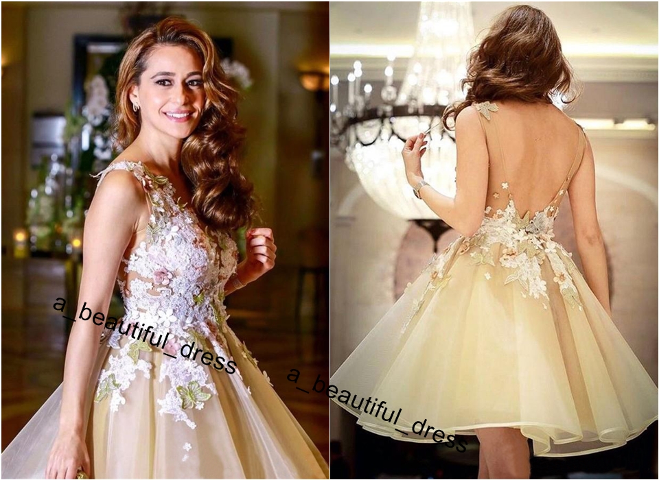 Little Champagne Organza Knee Length Short Cocktail Dresses Sheer Neck Backless Colorful Lace Appliqued Short Prom Formal Party Wear