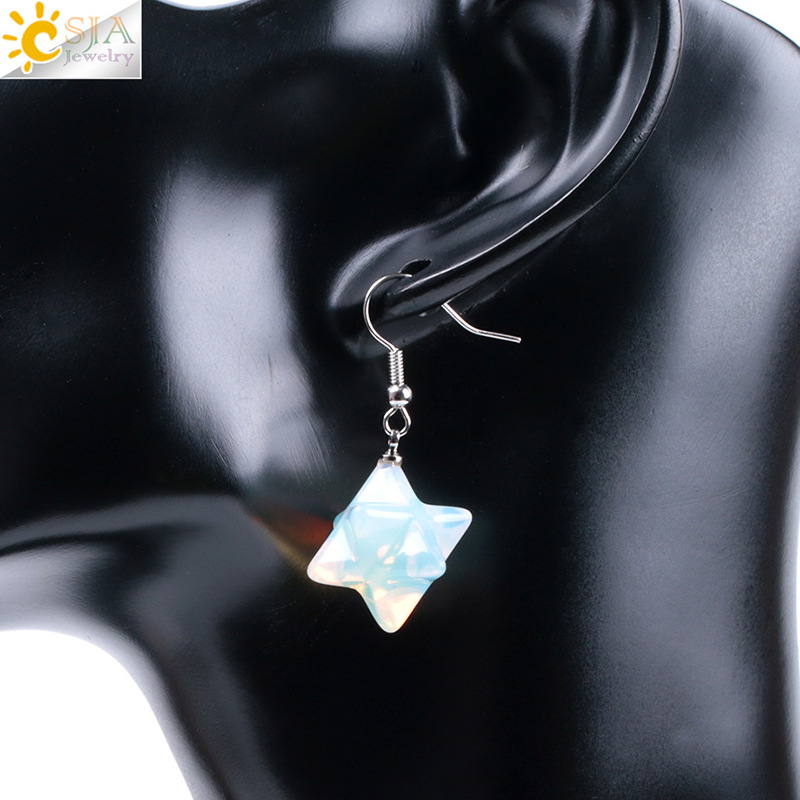 Bohemian Natural Gem Stone Merkabah Star Drop Earrings for Girl Opal Pink Crystal Lazuli Polyhedral Reiki Eardrop