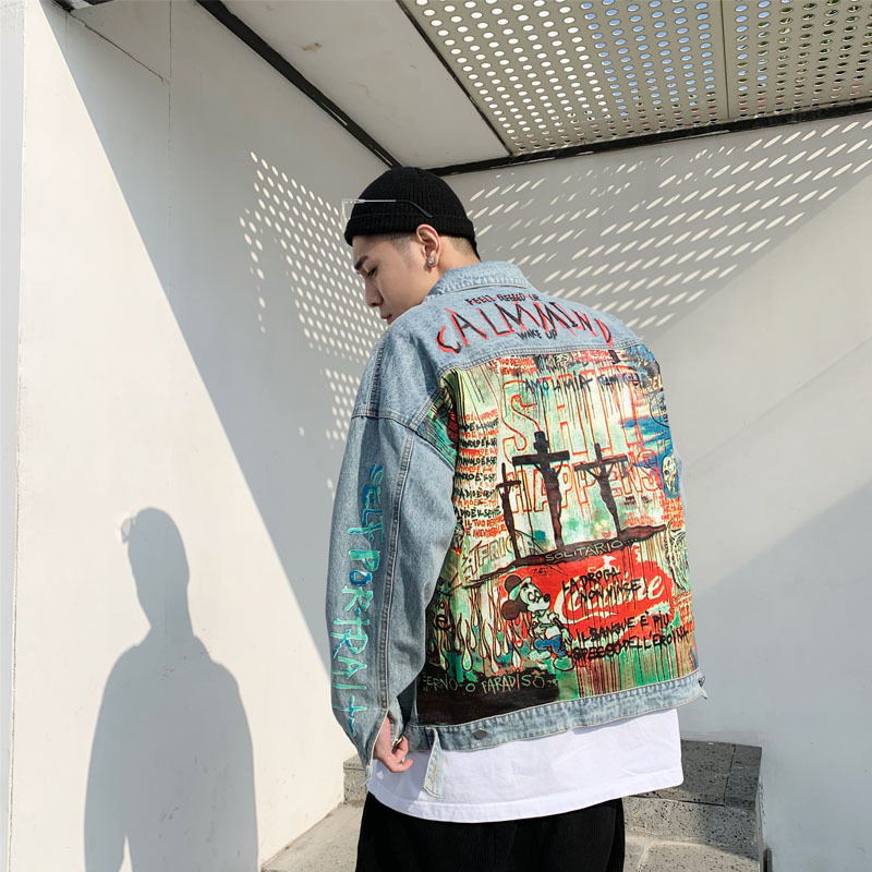 Calm mind Lucky Ghost Little Demon Graffiti Print old Damaged Hole Denim Jacket Men Women Loose Coat T200115