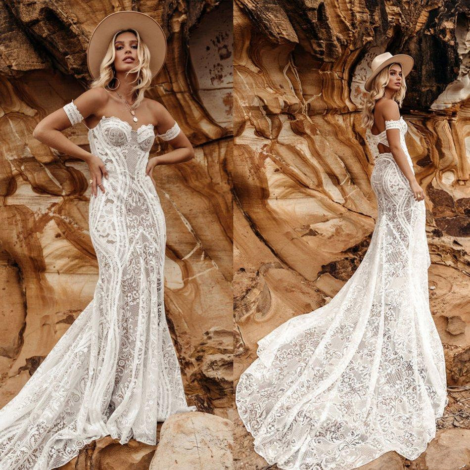 bohemian full lace mermaid wedding dresses off the shoulder sweetheart appliqued bridal gowns sweep train robe de marie