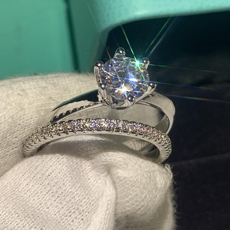 Sparkling Couple Rings Infinity Brand New Luxury Jewelry 925 Sterling Silver White Topaz Six Claw Eternity Women Wedding Bridal Ring Set