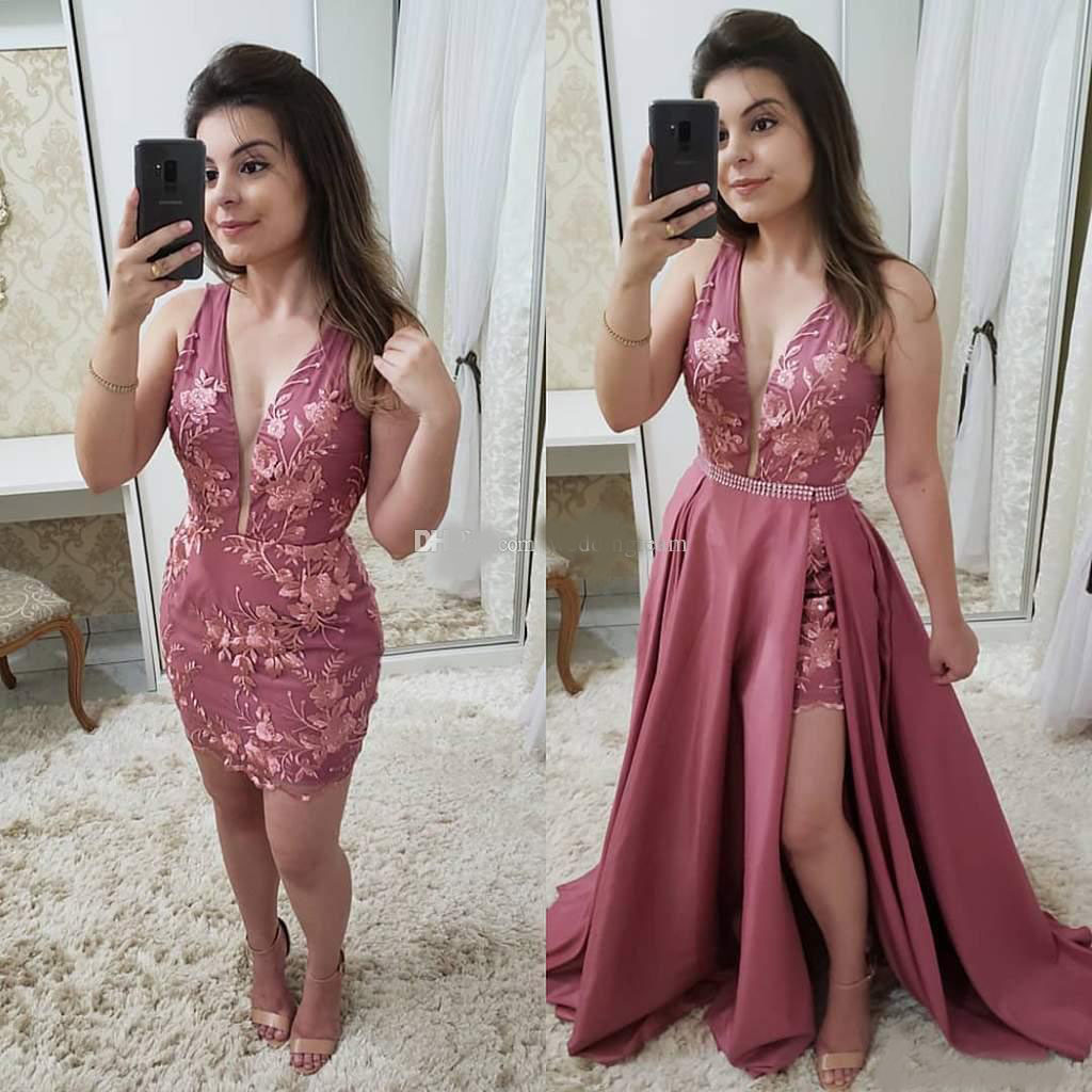 Fashion Blush Lace Prom Dresses With Detachable Skit Sheer Plunging Neck Evening Gowns Floor Length Plus Size Formal Dress