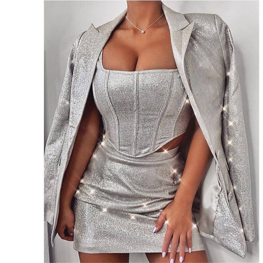 BOOFEENAA Silver Glitter Sexy Two Piece Set Crop Top and Skirt Women Club Outfits Birthday Party Matching Sets C55-AE71