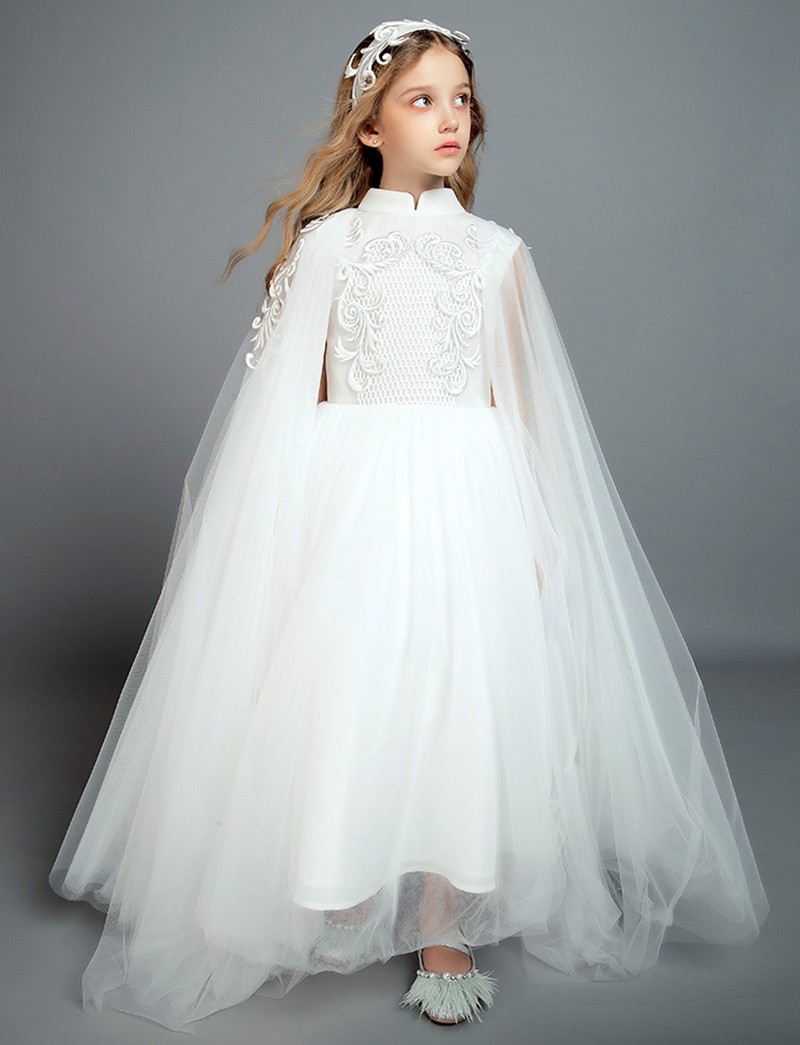 2019 New White Flower Girl Dresses With Wraps High Collar Girls Pageant Gowns Little Kids Formal Birthday Wedding Dress