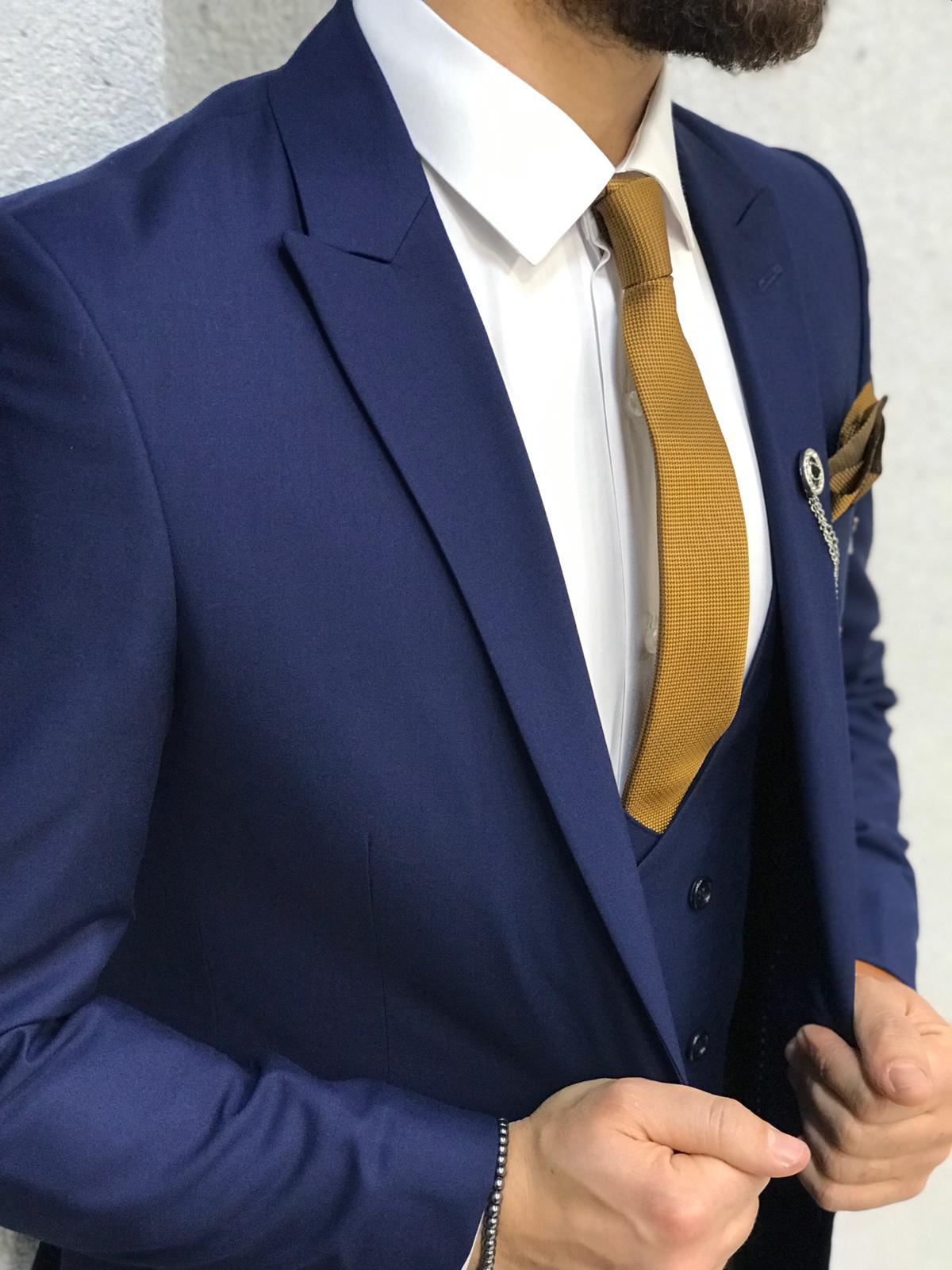 Navy Blue Groom Wedding Tuxedos Slim Fit 3 Pieces Notched Lapel Mens Pants Suits High Quality Designer Jackets